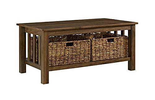 Walker Edison Alayna Mission Style Two Tier Coffee Table with Rattan Storage Baskets, 40 Inch, Dark Walnut