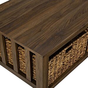 Walker Edison Alayna Mission Style Two Tier Coffee Table with Rattan Storage Baskets, 40 Inch, Dark Walnut