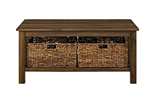 Walker Edison Alayna Mission Style Two Tier Coffee Table with Rattan Storage Baskets, 40 Inch, Dark Walnut