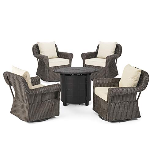 Christopher Knight Home Clement Outdoor 4 Seater Wicker Swivel Chair and Fire Pit Set, Dark Brown, Beige, Matte Black