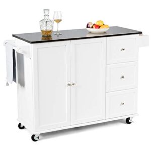 giantex kitchen island with stainless steel countertop, kitchen cart rolling trolley with towel holder and spice rack, 3 drawers, adjustable shelves, 2-door cabinet, ample storage table (white)