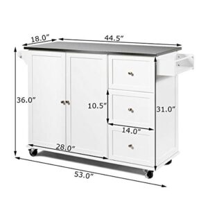 Giantex Kitchen Island with Stainless Steel Countertop, Kitchen Cart Rolling Trolley with Towel Holder and Spice Rack, 3 Drawers, Adjustable Shelves, 2-Door Cabinet, Ample Storage Table (White)