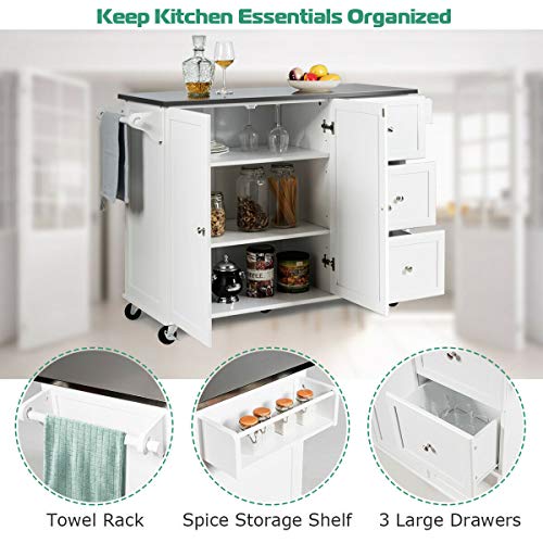 Giantex Kitchen Island with Stainless Steel Countertop, Kitchen Cart Rolling Trolley with Towel Holder and Spice Rack, 3 Drawers, Adjustable Shelves, 2-Door Cabinet, Ample Storage Table (White)