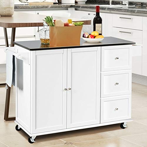 Giantex Kitchen Island with Stainless Steel Countertop, Kitchen Cart Rolling Trolley with Towel Holder and Spice Rack, 3 Drawers, Adjustable Shelves, 2-Door Cabinet, Ample Storage Table (White)