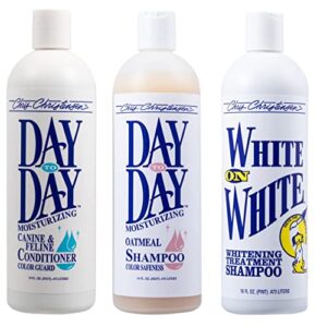 chris christensen shampoo & conditioner 16 oz bundle, day to day conditioner + day to day oatmeal shampoo + white on white shampoo, groom like a professional, made in usa