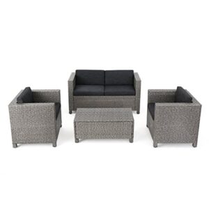 christopher knight home puerta outdoor wicker patio set with water resistant cushions, 10-pcs set, mix black / dark grey