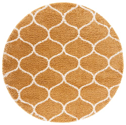 Safavieh Hudson Shag Collection 7' Round Gold/Ivory SGH280E Moroccan Ogee Trellis Non-Shedding 2-inch Thick Area Rug