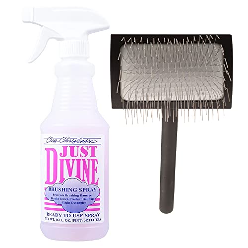 Chris Christensen Grooming Bundle - Just Divine Ready to Use Brushing Dog Spray, Prevents Brushing Damage, Light Detangler - Big K Slicker Dog Brush Medium, Perfect for Doodles, Angled Polished Pins