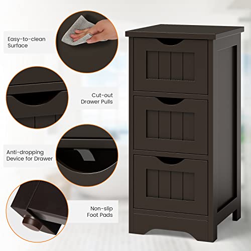 Giantex Bathroom Floor Cabinet - Small Bathroom Storage Cabinet with 3 Removable Drawers & Anti-Toppling Device, Freestanding Side Storage Organizer for Bathroom Living Room Bedroom (Brown)