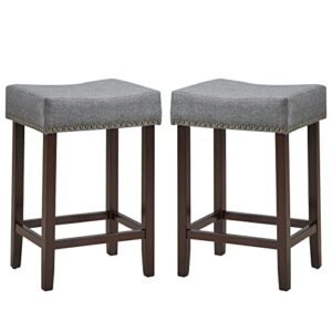 ergomaster counter height bar stools set of 2 backless fabric barstools 24-inch modern wood saddle bar stools with nailhead trim for kitchen island counter tabel – grey/brown,2-pack