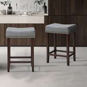 ERGOMASTER Counter Height Bar Stools Set of 2 Backless Fabric Barstools 24-Inch Modern Wood Saddle Bar Stools with Nailhead Trim for Kitchen Island Counter Tabel - Grey/Brown,2-Pack