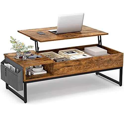 Aheaplus Lift Top Coffee Table with Storage, Wood Lifting Top Central Table Metal Frame, 43.3" Lift Tea Table with Side Pouch, Cocktail Table Modern Pop up Adjustable Table for Living Room