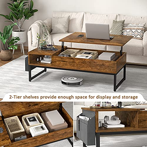 Aheaplus Lift Top Coffee Table with Storage, Wood Lifting Top Central Table Metal Frame, 43.3" Lift Tea Table with Side Pouch, Cocktail Table Modern Pop up Adjustable Table for Living Room