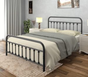 ambee21 vintage queen metal bed frame with headboard and footboard platform / wrought iron / heavy duty/ solid metal slat / textured black / no box spring needed/ industrial & farmhouse