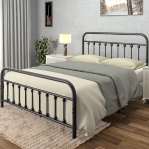 AMBEE21 Vintage Queen Metal Bed Frame with Headboard and Footboard Platform / Wrought Iron / Heavy Duty/ Solid Metal Slat / Textured Black / No Box Spring Needed/ Industrial & Farmhouse