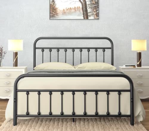 AMBEE21 Vintage Queen Metal Bed Frame with Headboard and Footboard Platform / Wrought Iron / Heavy Duty/ Solid Metal Slat / Textured Black / No Box Spring Needed/ Industrial & Farmhouse