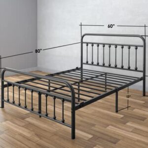 AMBEE21 Vintage Queen Metal Bed Frame with Headboard and Footboard Platform / Wrought Iron / Heavy Duty/ Solid Metal Slat / Textured Black / No Box Spring Needed/ Industrial & Farmhouse