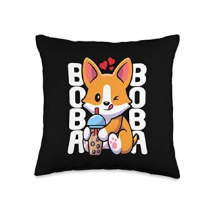 adorable corgi doggy furry mammals pedigree canine kawaii boba dog corgi drink cute anime bubble tea heart throw pillow, 16×16, multicolor