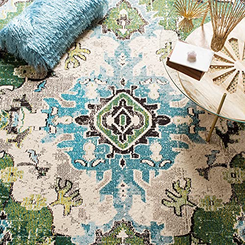 SAFAVIEH Monaco Collection 6'7" x 9'2" Forest Green/Light Blue MNC243F Boho Chic Medallion Distressed Non-Shedding Living Room Bedroom Dining Home Office Area Rug