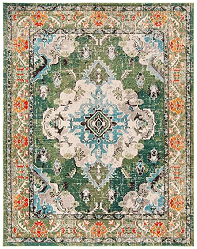 SAFAVIEH Monaco Collection 6'7" x 9'2" Forest Green/Light Blue MNC243F Boho Chic Medallion Distressed Non-Shedding Living Room Bedroom Dining Home Office Area Rug