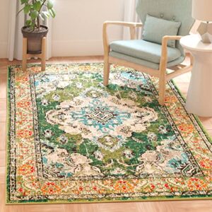 SAFAVIEH Monaco Collection 6'7" x 9'2" Forest Green/Light Blue MNC243F Boho Chic Medallion Distressed Non-Shedding Living Room Bedroom Dining Home Office Area Rug