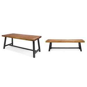 christopher knight home carlisle outdoor dining table with iron legs, sandblast finish/rustic metal & carlisle outdoor acacia wood and rustic metal bench, sandblast finish/rustic metal
