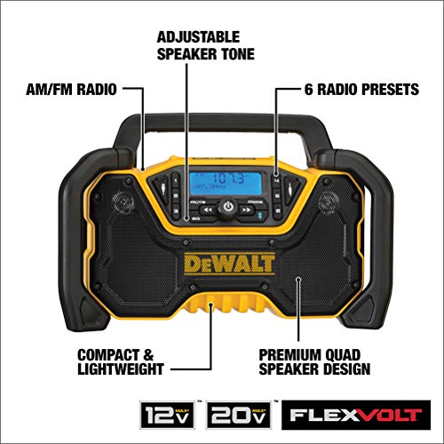 DEWALT 12V/20V MAX* Portable Radio, Bluetooth, Cordless, Jobsite, Tool Only (DCR028B) , Black