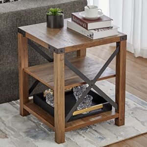 amerlife 18 inch farmhouse end table, industrial accent side table with 3 storage shelves for the living room, rustic wood nightstand for bedroom, x-shaped metal frame support, rustic oak