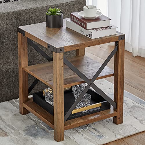 AMERLIFE 18 Inch Farmhouse End Table, Industrial Accent Side Table with 3 Storage Shelves for The Living Room, Rustic Wood Nightstand for Bedroom, X-Shaped Metal Frame Support, Rustic Oak