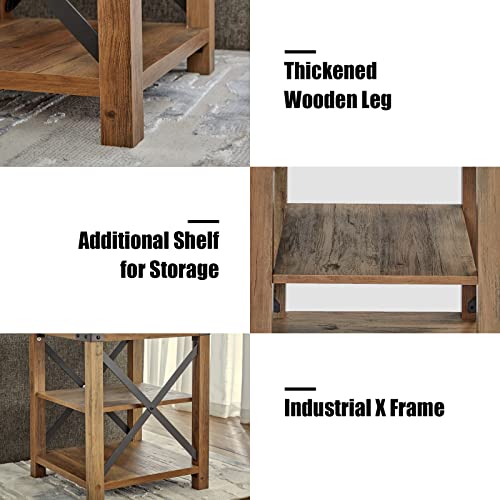 AMERLIFE 18 Inch Farmhouse End Table, Industrial Accent Side Table with 3 Storage Shelves for The Living Room, Rustic Wood Nightstand for Bedroom, X-Shaped Metal Frame Support, Rustic Oak
