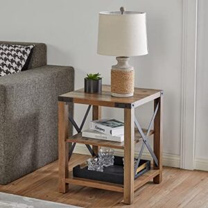 AMERLIFE 18 Inch Farmhouse End Table, Industrial Accent Side Table with 3 Storage Shelves for The Living Room, Rustic Wood Nightstand for Bedroom, X-Shaped Metal Frame Support, Rustic Oak