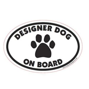 designer dog on board oval shape car, refrigerator magnet