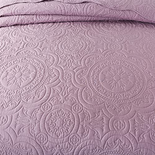 HoneiLife Bedspread Quilt Set Queen - 3 Piece Embroidered Microfiber Bedspread Reversible Coverlet Lightweight Bedcover Mandala Pattern Bedding Set All Season Quilts-Sweet Lavender, Queen Size