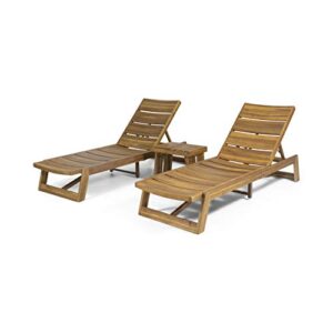 christopher knight home geraldine outdoor acacia wood 3 piece chaise lounge set, teak and yellow