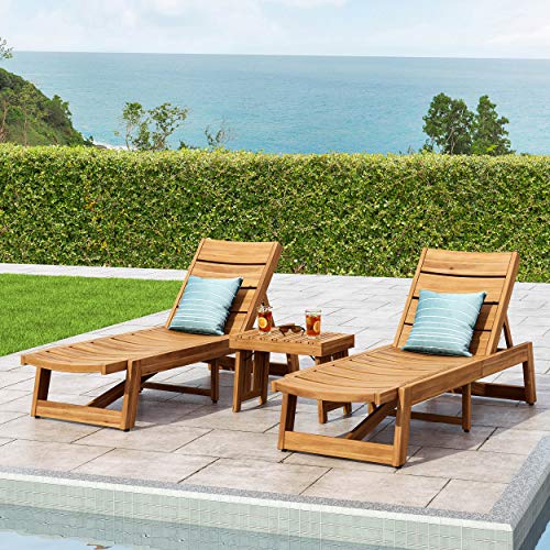 Christopher Knight Home Geraldine Outdoor Acacia Wood 3 Piece Chaise Lounge Set, Teak and Yellow