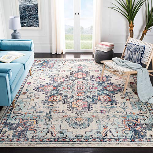 SAFAVIEH Madison Collection 8' x 10' Cream/Blue MAD473B Boho Chic Medallion Distressed Non-Shedding Living Room Bedroom Dining Home Office Area Rug