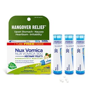 boiron nux vomica 30c homeopathic medicine for hangover relief, upset stomach, nausea, and overindulgence of food or drink – 3 count (240 pellets)