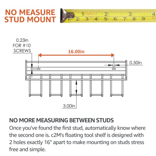 c2M Heavy Duty Floating Tool Shelf & Organizer | Wall Mounted Garage Storage Rack for Handheld & Power Tools | USA Made, 100# Weight Limit, Compact Steel Design | Perfect for Dewalt Tools | Yellow