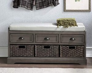 p purlove storage bench homes collection wicker storage bench with 3 drawers and 3 woven baskets, wood entryway shoe bench for hallway, entryway, mudroom and living room