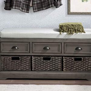 P PURLOVE Storage Bench Homes Collection Wicker Storage Bench with 3 Drawers and 3 Woven Baskets, Wood Entryway Shoe Bench for Hallway, Entryway, Mudroom and Living Room