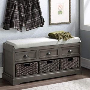 P PURLOVE Storage Bench Homes Collection Wicker Storage Bench with 3 Drawers and 3 Woven Baskets, Wood Entryway Shoe Bench for Hallway, Entryway, Mudroom and Living Room