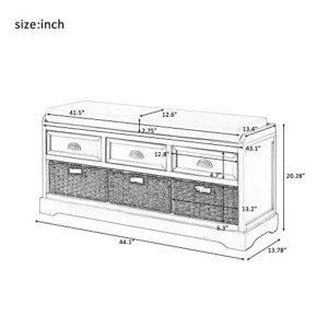 P PURLOVE Storage Bench Homes Collection Wicker Storage Bench with 3 Drawers and 3 Woven Baskets, Wood Entryway Shoe Bench for Hallway, Entryway, Mudroom and Living Room