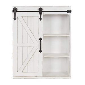 kate and laurel cates modern farmhouse decorative wood wall storage shelving cabinet with sliding barn door, rustic white