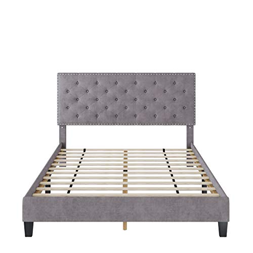 Queen Bed Frame, Upholstered Platform Bed Frame with Adjustable Headboard, Button Tufted Mattress Foundation with Sturdy Wood Slat Support, No Box Spring Required, Easy Assembly (Grey, Queen)