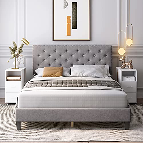 Queen Bed Frame, Upholstered Platform Bed Frame with Adjustable Headboard, Button Tufted Mattress Foundation with Sturdy Wood Slat Support, No Box Spring Required, Easy Assembly (Grey, Queen)