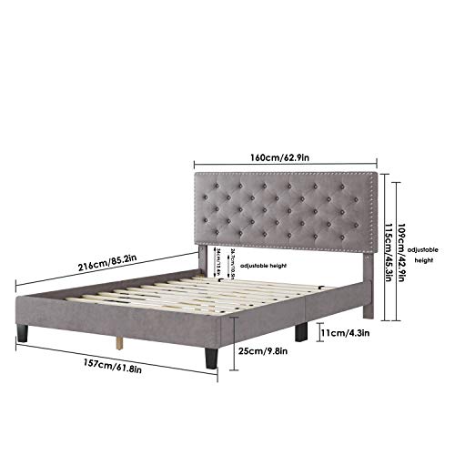 Queen Bed Frame, Upholstered Platform Bed Frame with Adjustable Headboard, Button Tufted Mattress Foundation with Sturdy Wood Slat Support, No Box Spring Required, Easy Assembly (Grey, Queen)