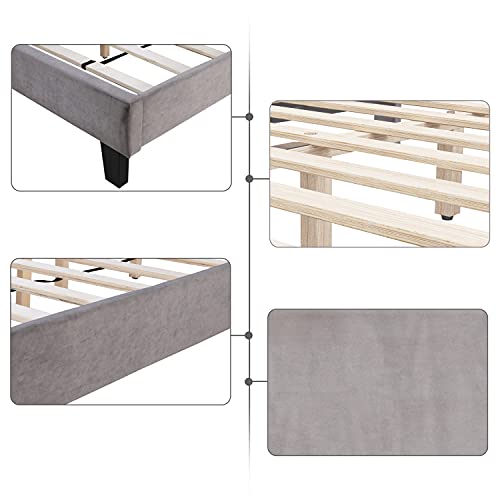 Queen Bed Frame, Upholstered Platform Bed Frame with Adjustable Headboard, Button Tufted Mattress Foundation with Sturdy Wood Slat Support, No Box Spring Required, Easy Assembly (Grey, Queen)