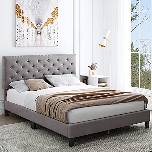 Queen Bed Frame, Upholstered Platform Bed Frame with Adjustable Headboard, Button Tufted Mattress Foundation with Sturdy Wood Slat Support, No Box Spring Required, Easy Assembly (Grey, Queen)