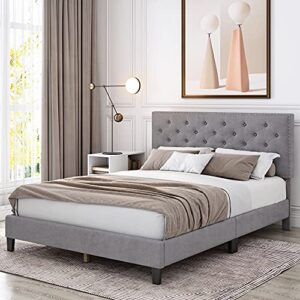 Queen Bed Frame, Upholstered Platform Bed Frame with Adjustable Headboard, Button Tufted Mattress Foundation with Sturdy Wood Slat Support, No Box Spring Required, Easy Assembly (Grey, Queen)