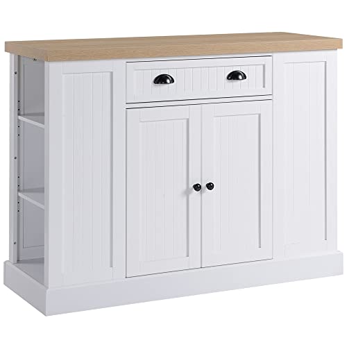 HOMCOM Fluted-Style Wooden Kitchen Island, Storage Cabinet w/Drawer, Open Shelving, and Interior Shelving for Dining Room, White